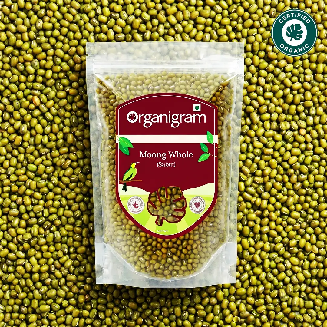 Organigram organic whole green moong beans for dals, khichdi and sprouts Copy alt text